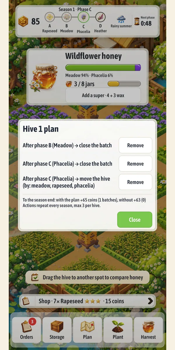 The plan window of a hive with three rules for the season